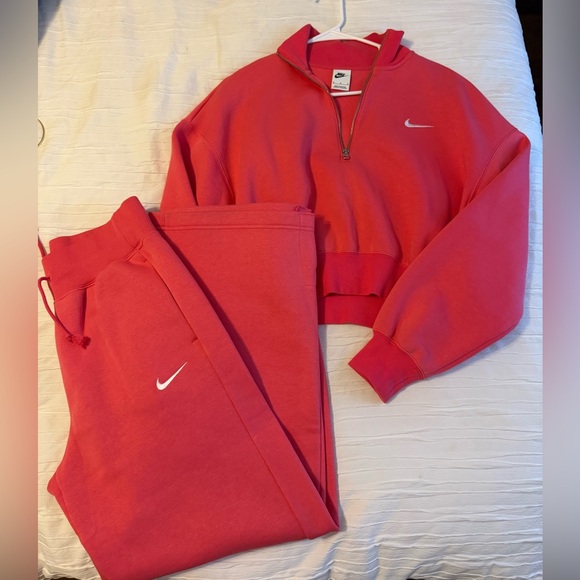 Nike Pants - Nike Phoenix Aster Pink/Sail Cropped Half-Zip Sweatshirt and Joggers Set.